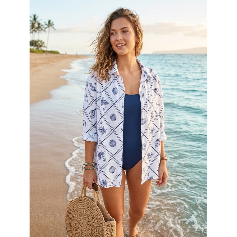Shade & Shore Womens Small 4-6 Beach Cover Up Shirt Nautical Blue White NWT